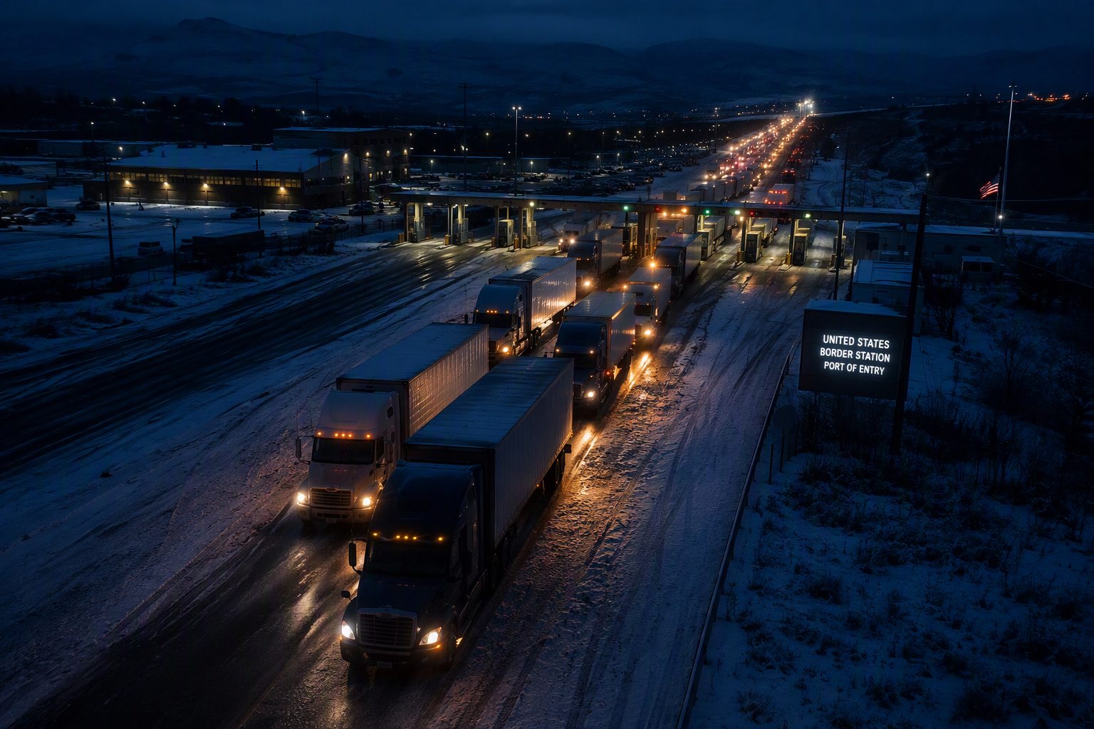 Trucks crossing the US-Canada border at night, headlights glowing