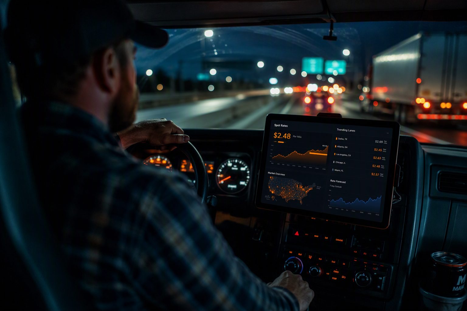 Truck cab at night with the DEEPINTELL rate dashboard glowing on a mounted tablet