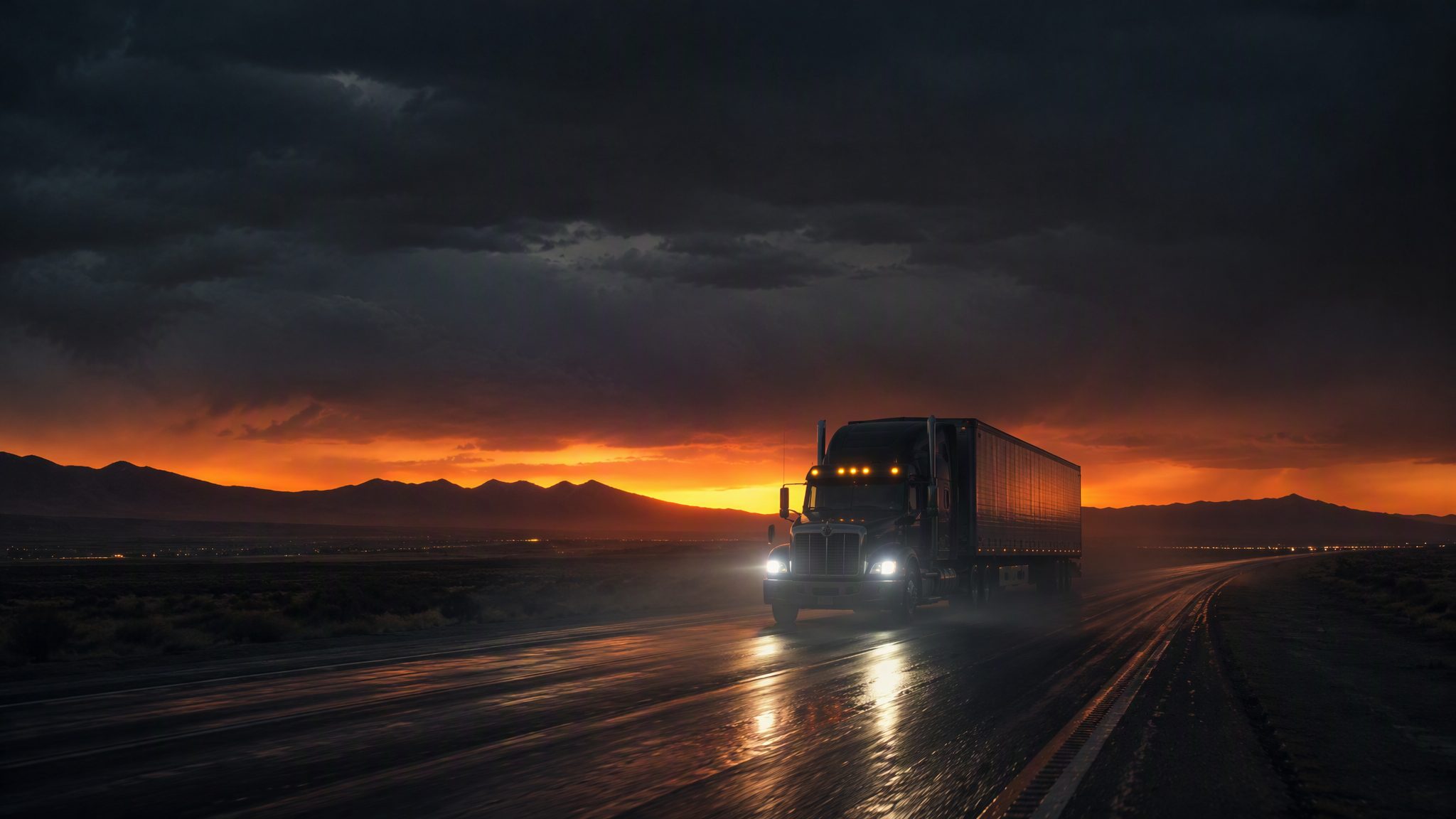 Semi truck on a dark wet highway at dusk, headlights on